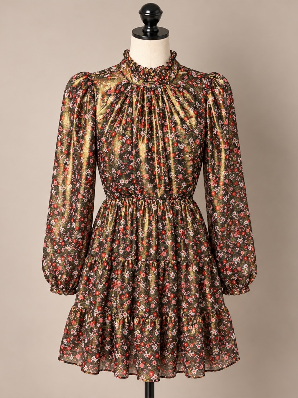 Trixxi Francesca’s Metallic Gold Floral Tiered Mini Dress Small NWT